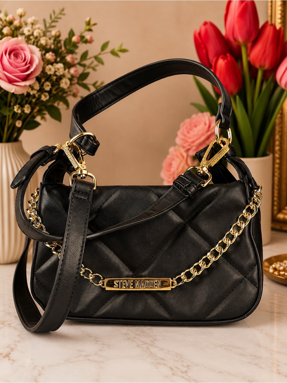 Steve Madden Quilted Black Shoulder Bag with Gold Chain-NWOT
